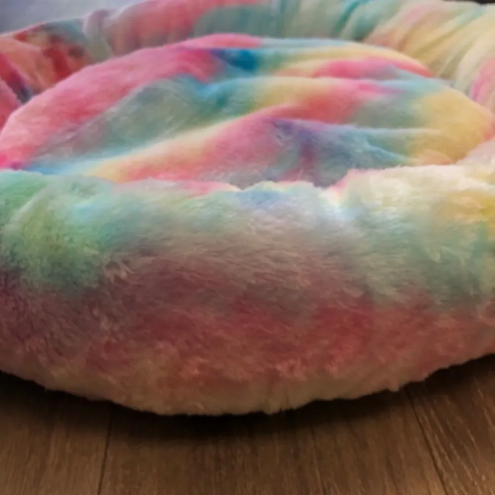 Rainbow Faux Donut Medium Dog Cat Bed - Anti-Anxiety Calming Fluffy Dog Cat Bed